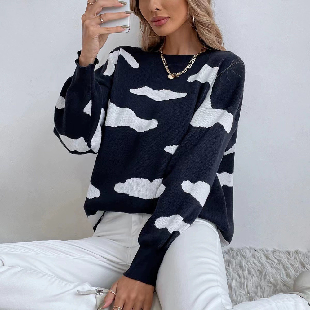 ZARA Womens Fashion Versatile Long Sleeve Crew Neck Jacquard Cloud Knit Sweater